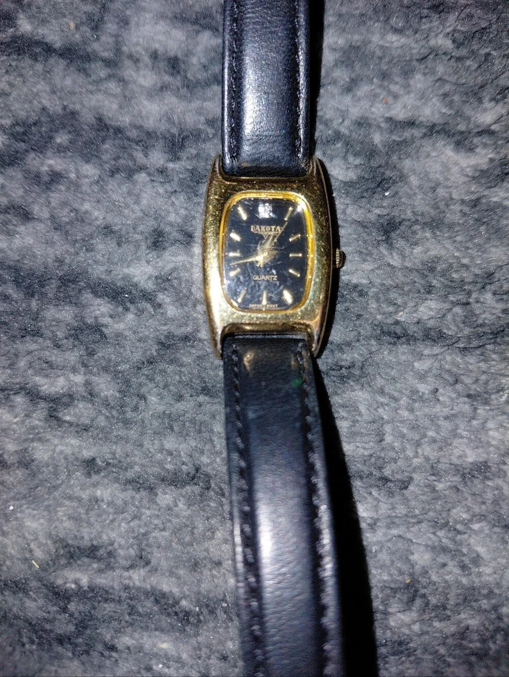 Vintage Dakota Genuine Diamond Watch Gold Tone Black Dial Leather Tank Y2K CC